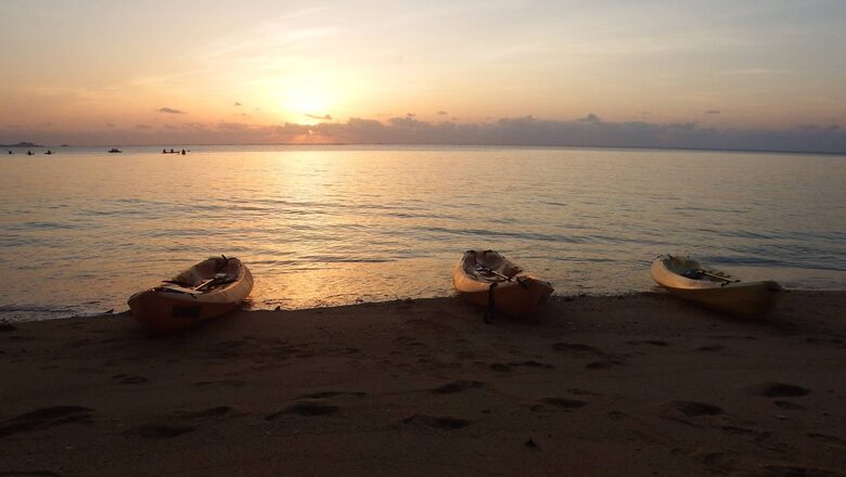 Sunset Kayak Tour, Kayaks on the evening beach in Ishigaki, Japan, Okinawa